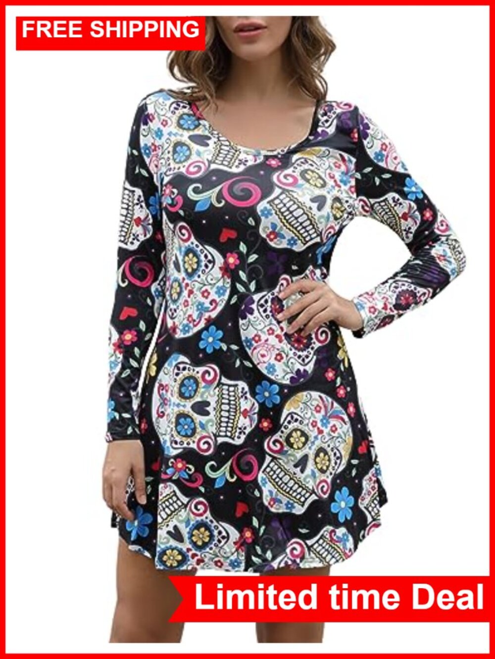 Long Sleeve Halloween Print Swing Dress Cute Costume Tunic